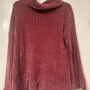 Joyfolie Ribbed Cowl Neck Sweater in rose color